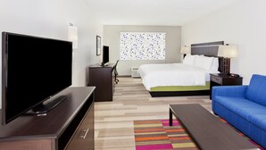 Habitación de hotel con cama, televisor, escritorio, silla, sofá y una alfombra colorida.