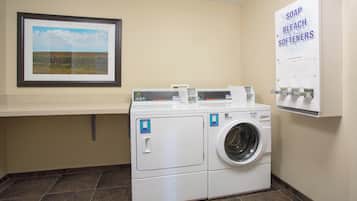 Un cuarto de lavandería con lavadora y secadora, un cuadro en la pared y un dispensador de suavizante para ropa y lejía.