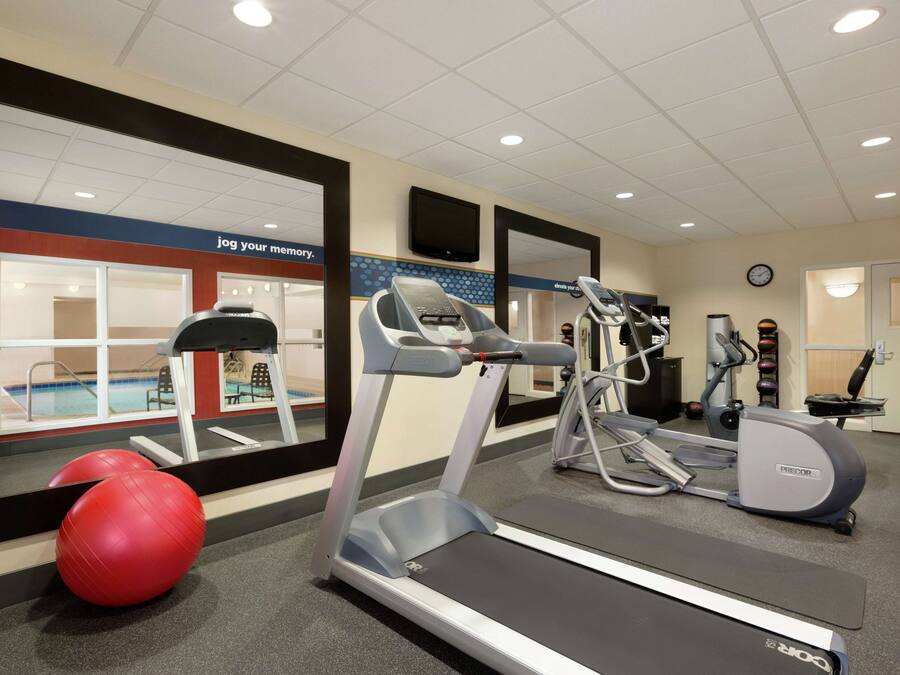 A gym with treadmills, elliptical machines, and red exercise balls.