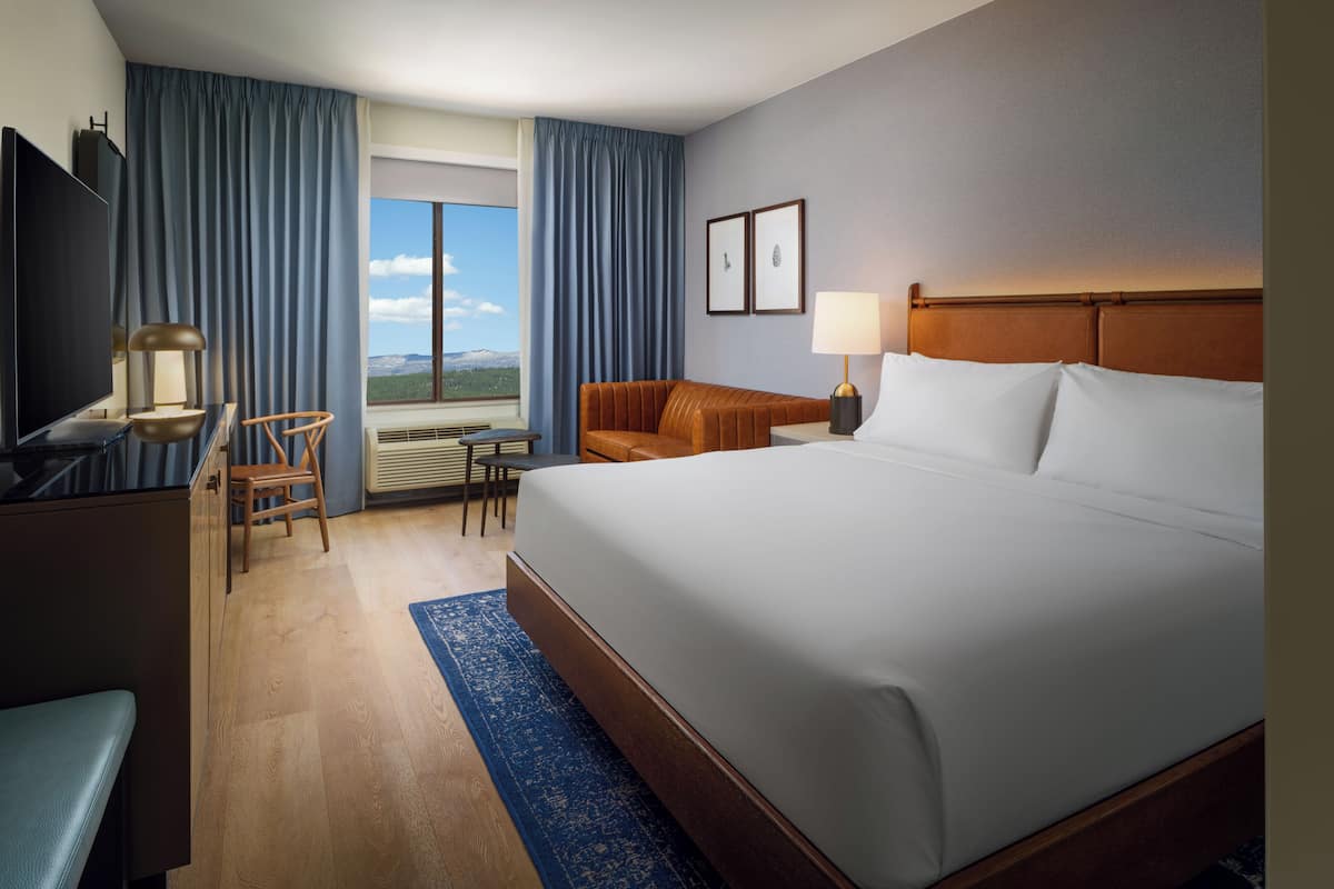 A hotel room with a large bed, a desk with a TV, a chair, and a view of the outdoors.