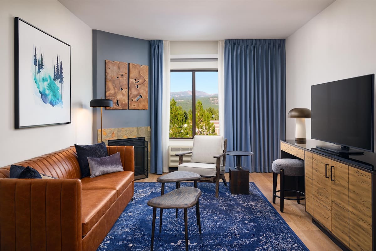 A modern hotel room with a leather sofa, a small table, a TV, and a view of the outdoors.
