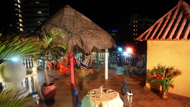 A rooftop terrace with a thatched-roof structure, potted plants, and outdoor seating.
