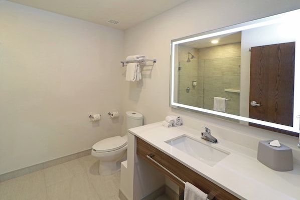 A modern bathroom with a toilet, sink, and mirror.