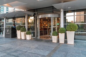 A modern hotel entrance with a revolving door, glass facade, and potted plants.