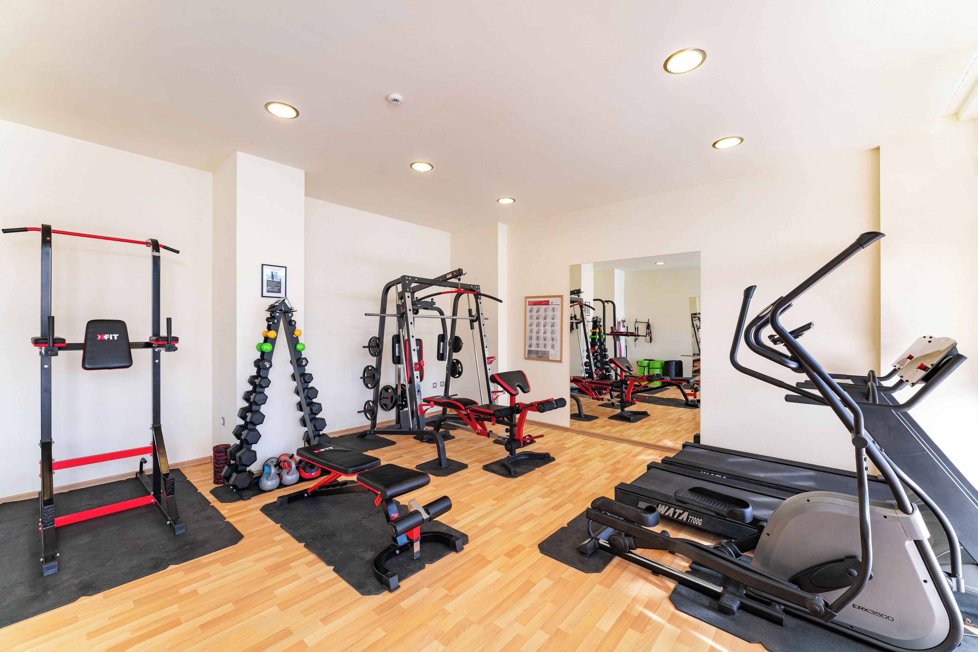 A gym with various exercise equipment including treadmills, weight machines, and free weights.