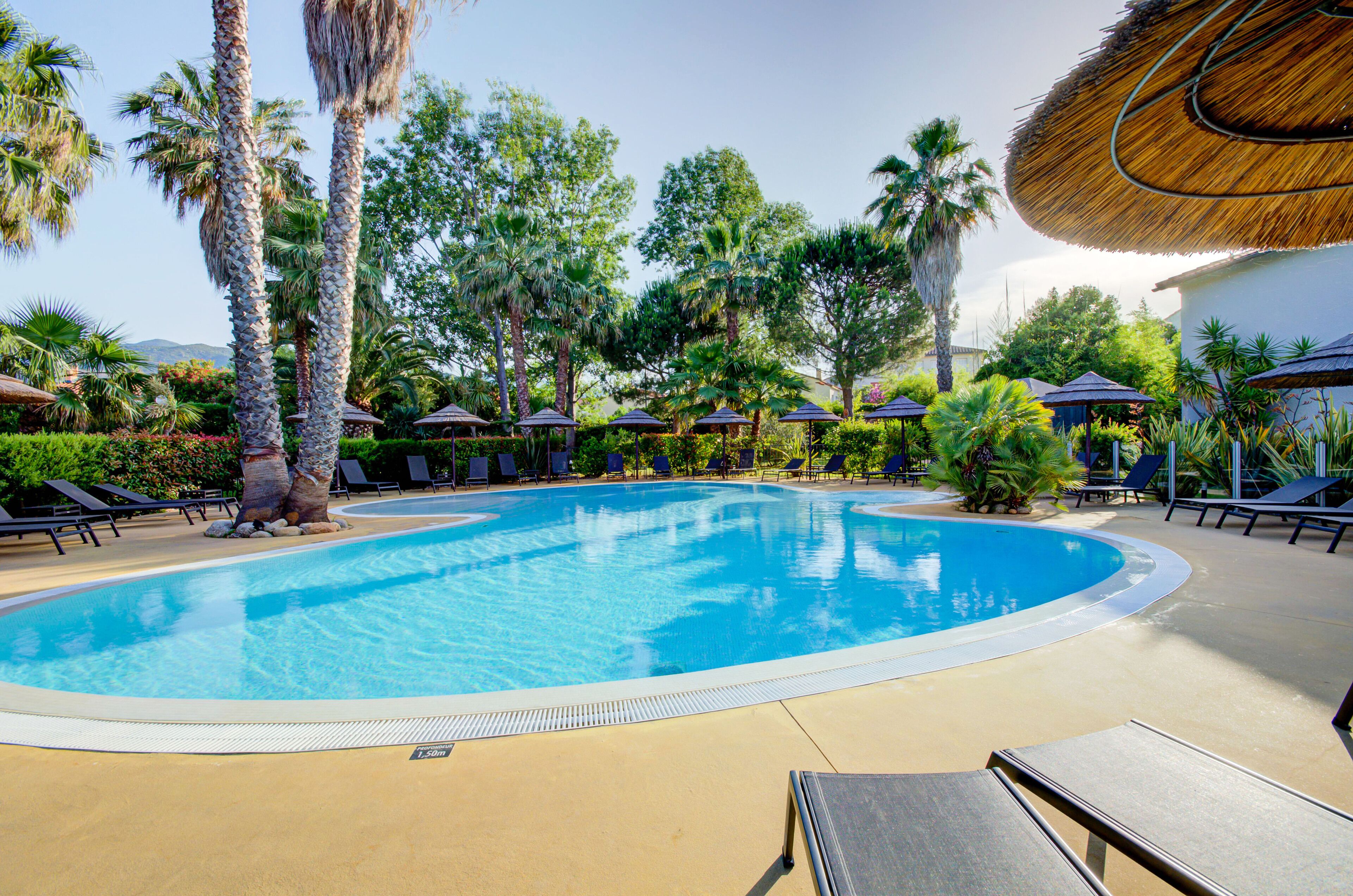 A swimming pool surrounded by palm trees and lounge chairs.
