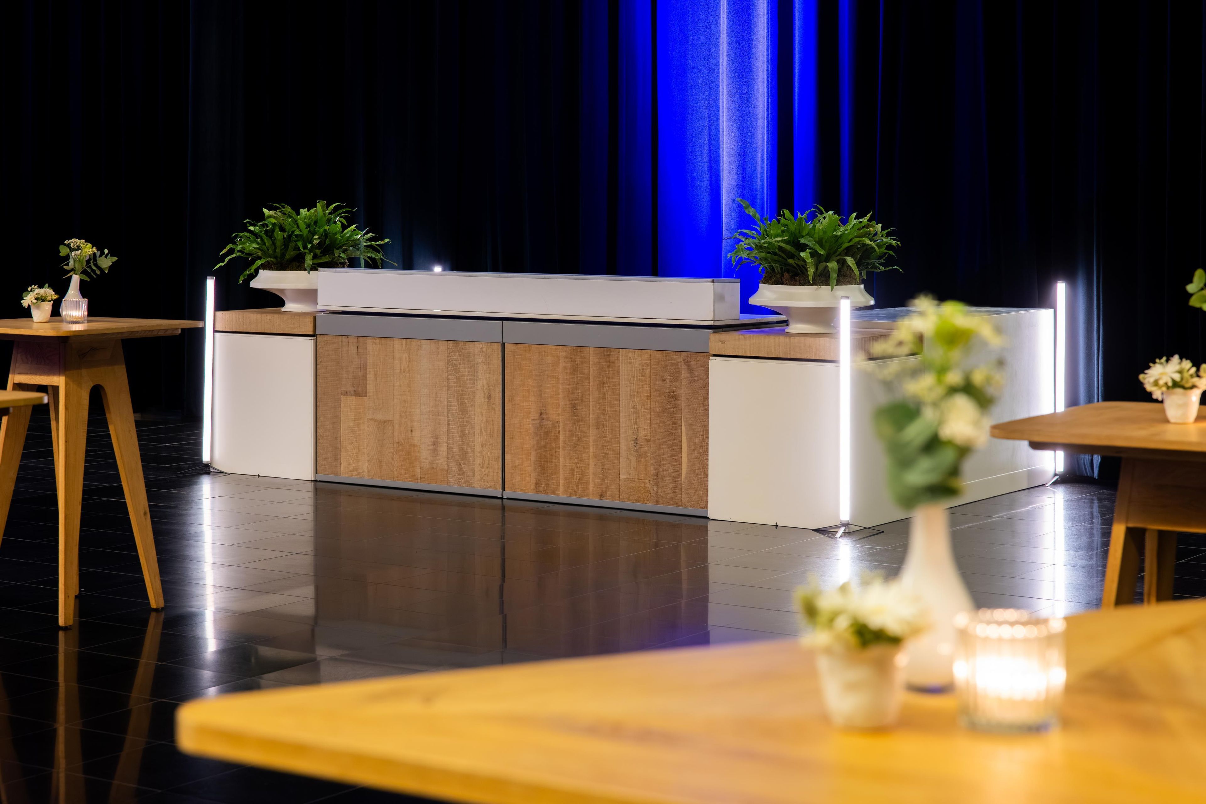 A modern kitchen with a wooden countertop and cabinets, a sink, and two potted plants.
