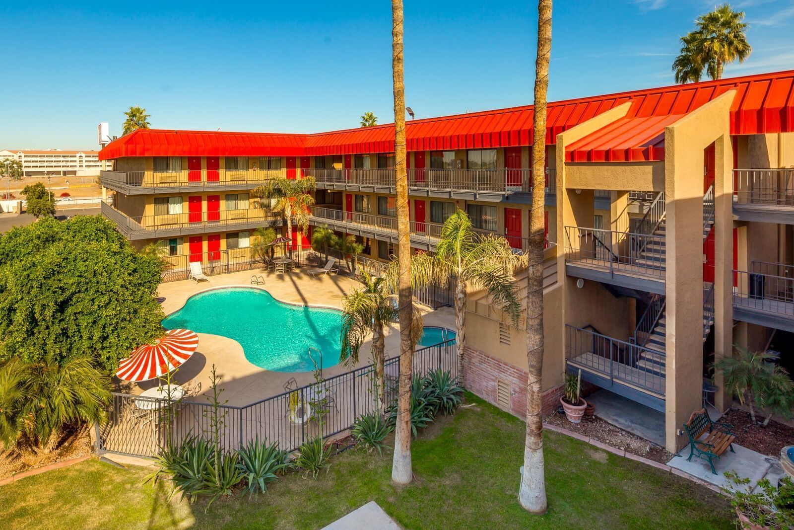 Piscine extérieure, chaises longues