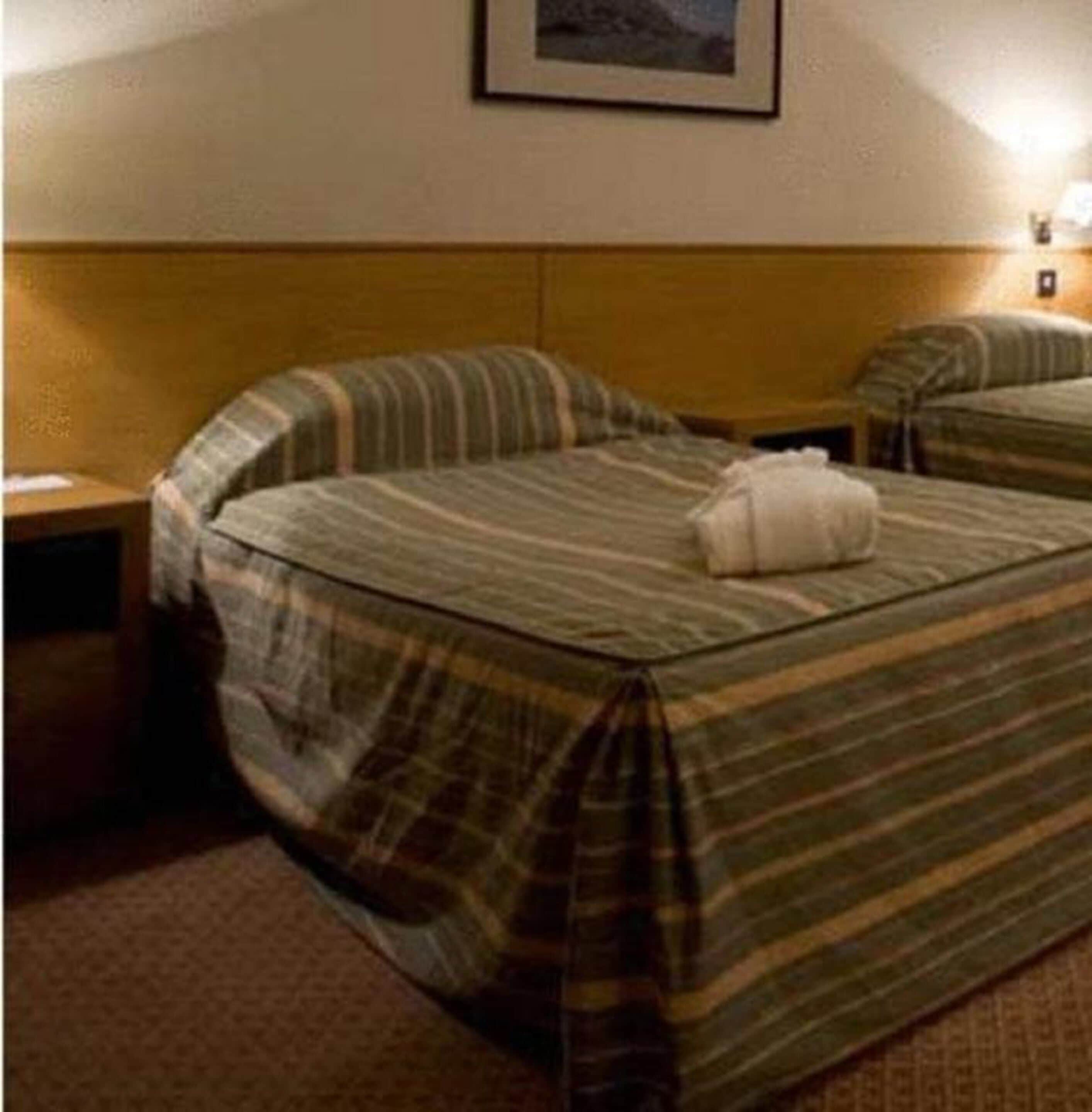 Une chambre d’hôtel avec deux lits, chacun étant équipé de draps à rayures et d’un oreiller.