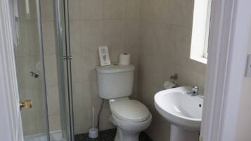 A bathroom with a glass shower enclosure, a toilet, and a sink.