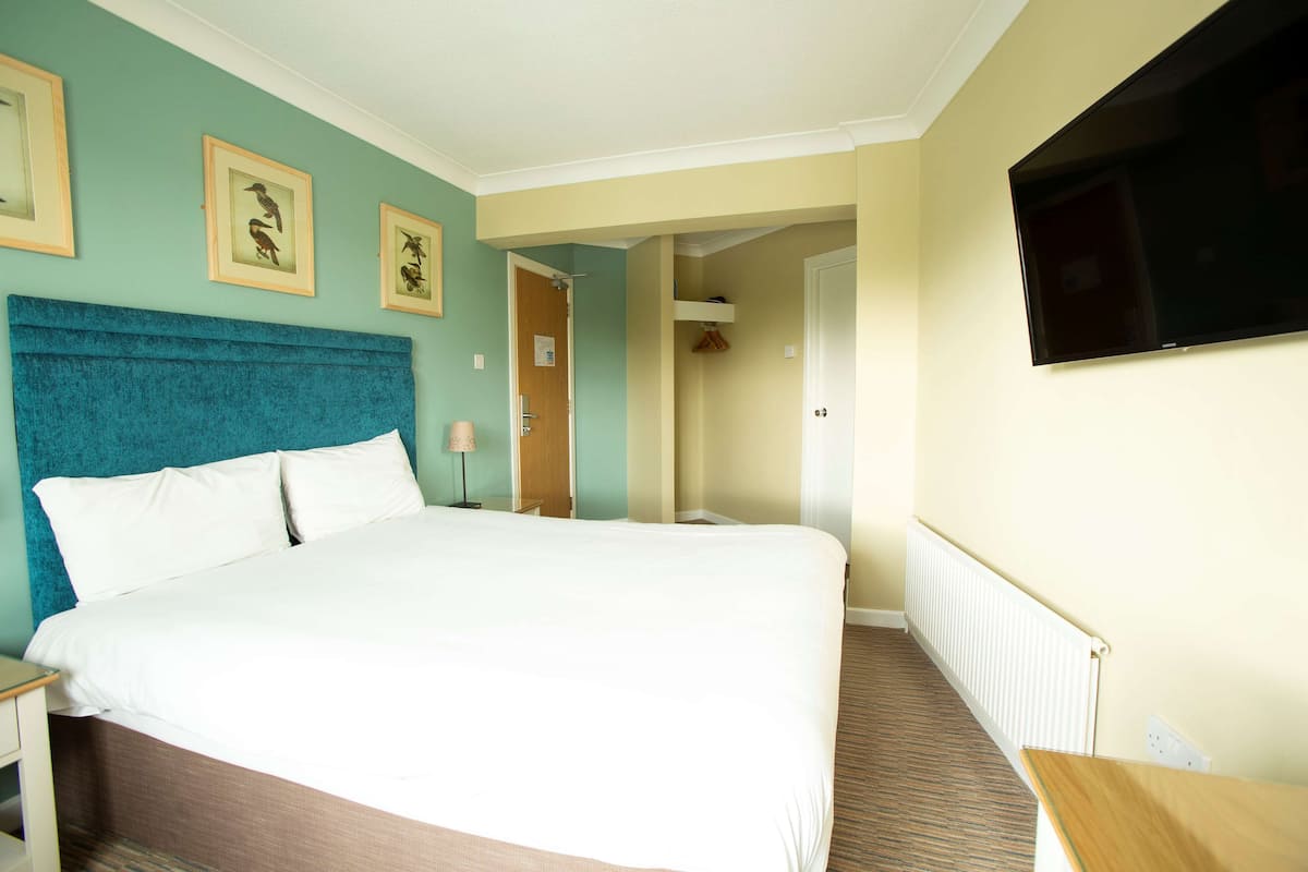 Habitación de hotel con una cama grande, un televisor de pantalla plana en la pared y cuadros enmarcados.