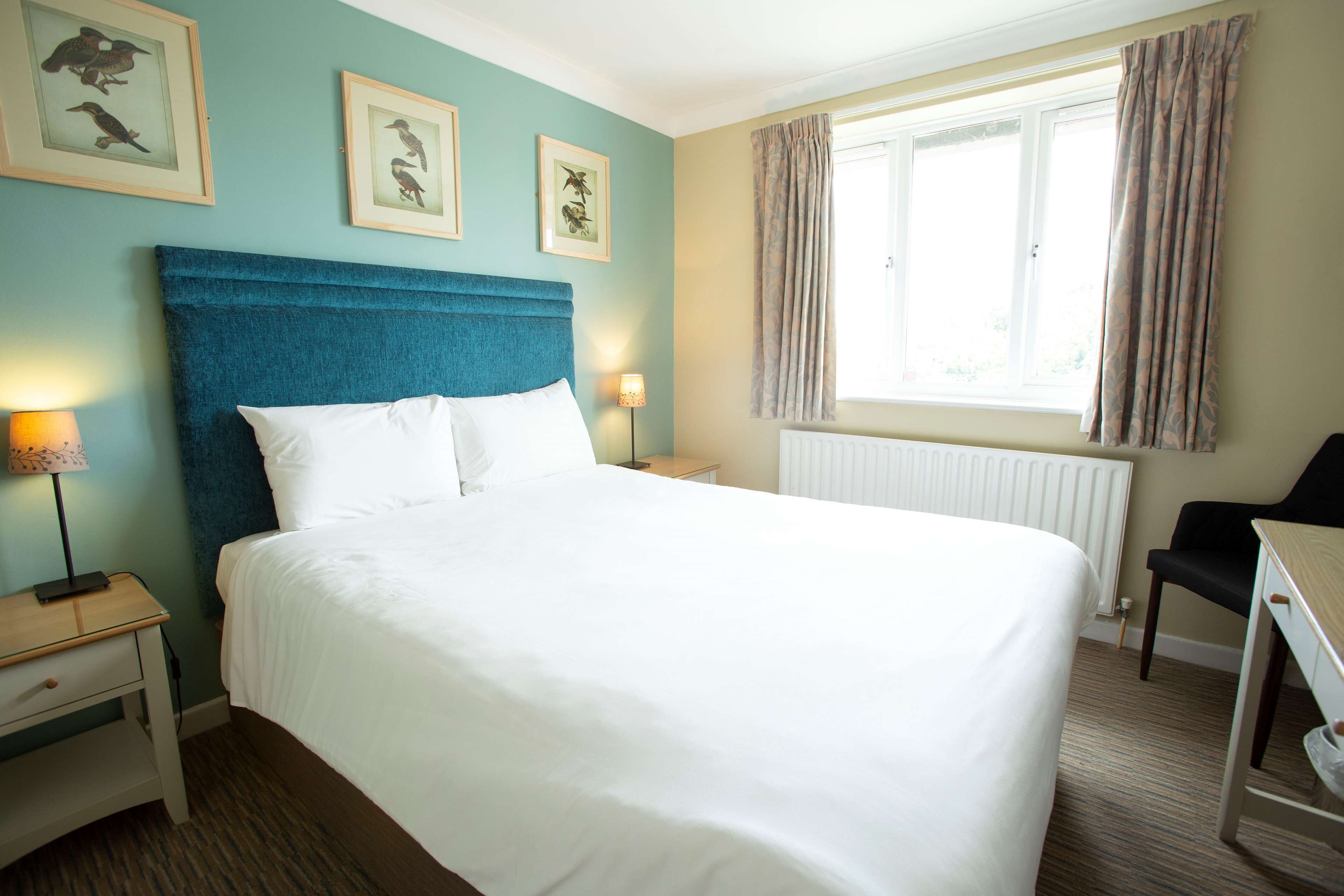 A neatly made bed with white linens, a blue headboard, and a bedside table with a lamp. There is a window with curtains, a radiator, and a chair in the corner.