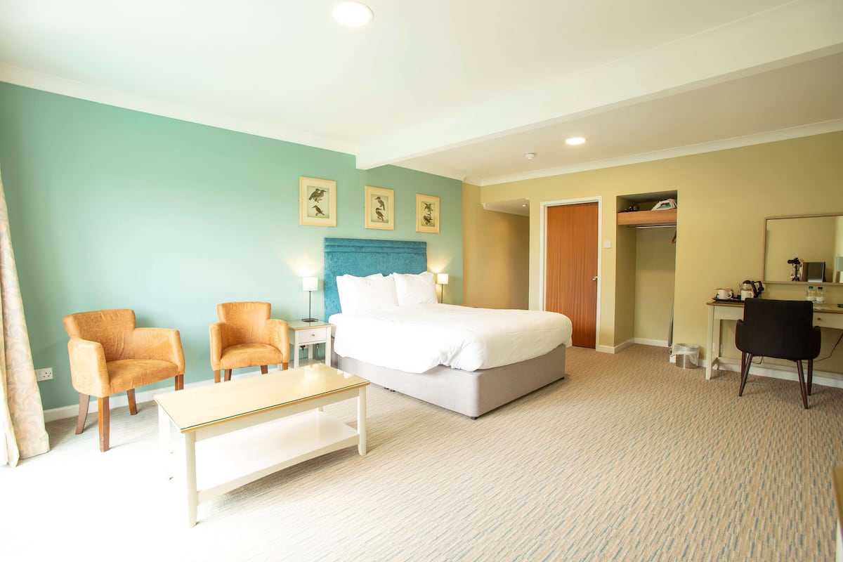 Una habitación de hotel con cama, dos sillones, un escritorio y un espejo.