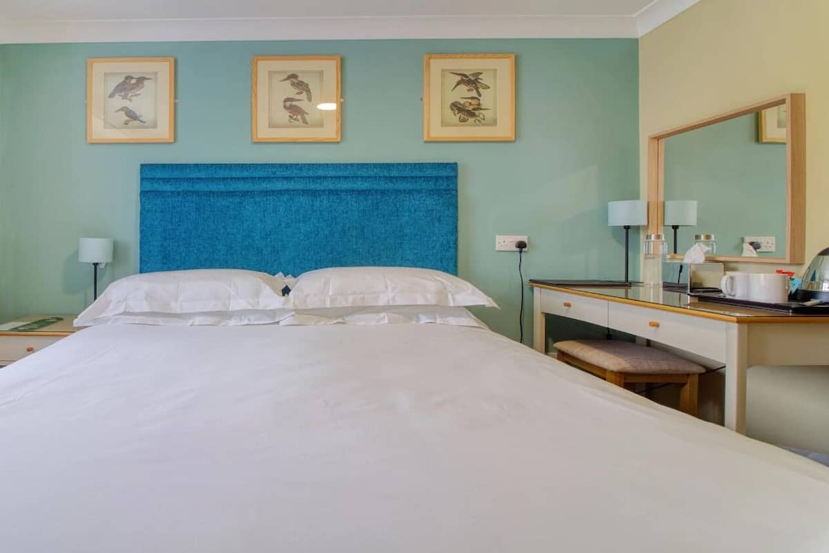 Habitación de hotel con una cama grande, una mesita de noche con lámpara, un escritorio con silla y un espejo. Encima de la cama, hay tres cuadros enmarcados en la pared.