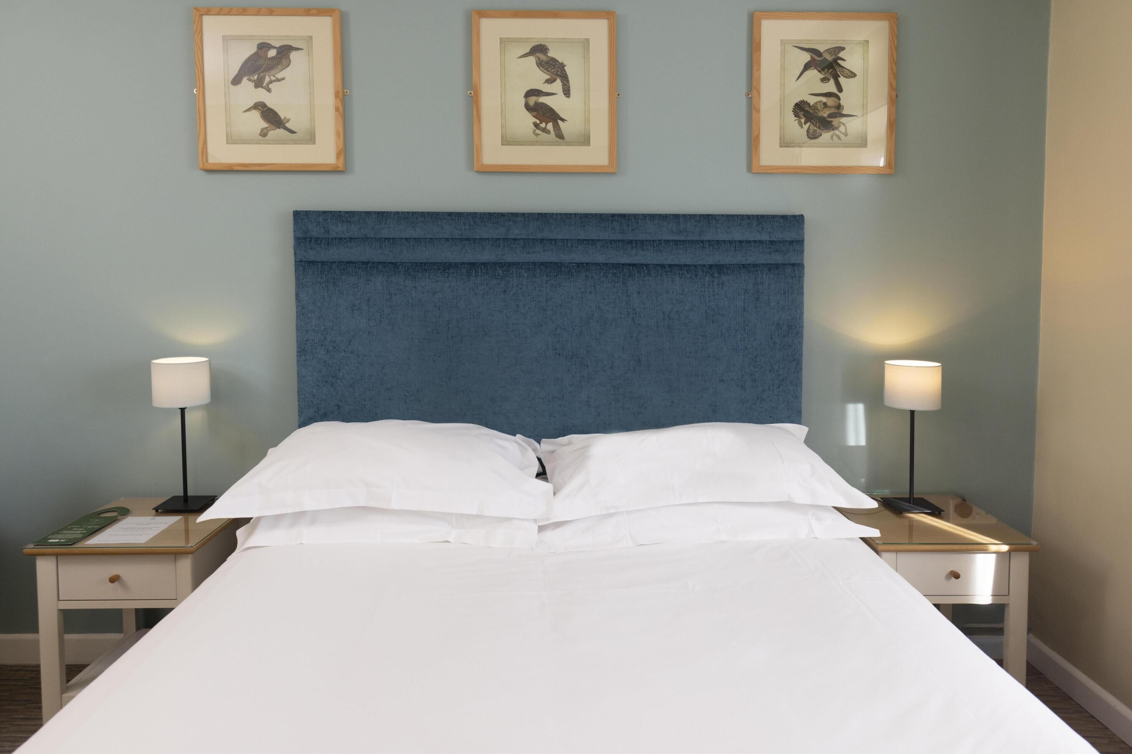 Una cama bien tendida con ropa de cama blanca, dos mesitas de noche con lámparas, y tres ilustraciones enmarcadas de pájaros en la pared.