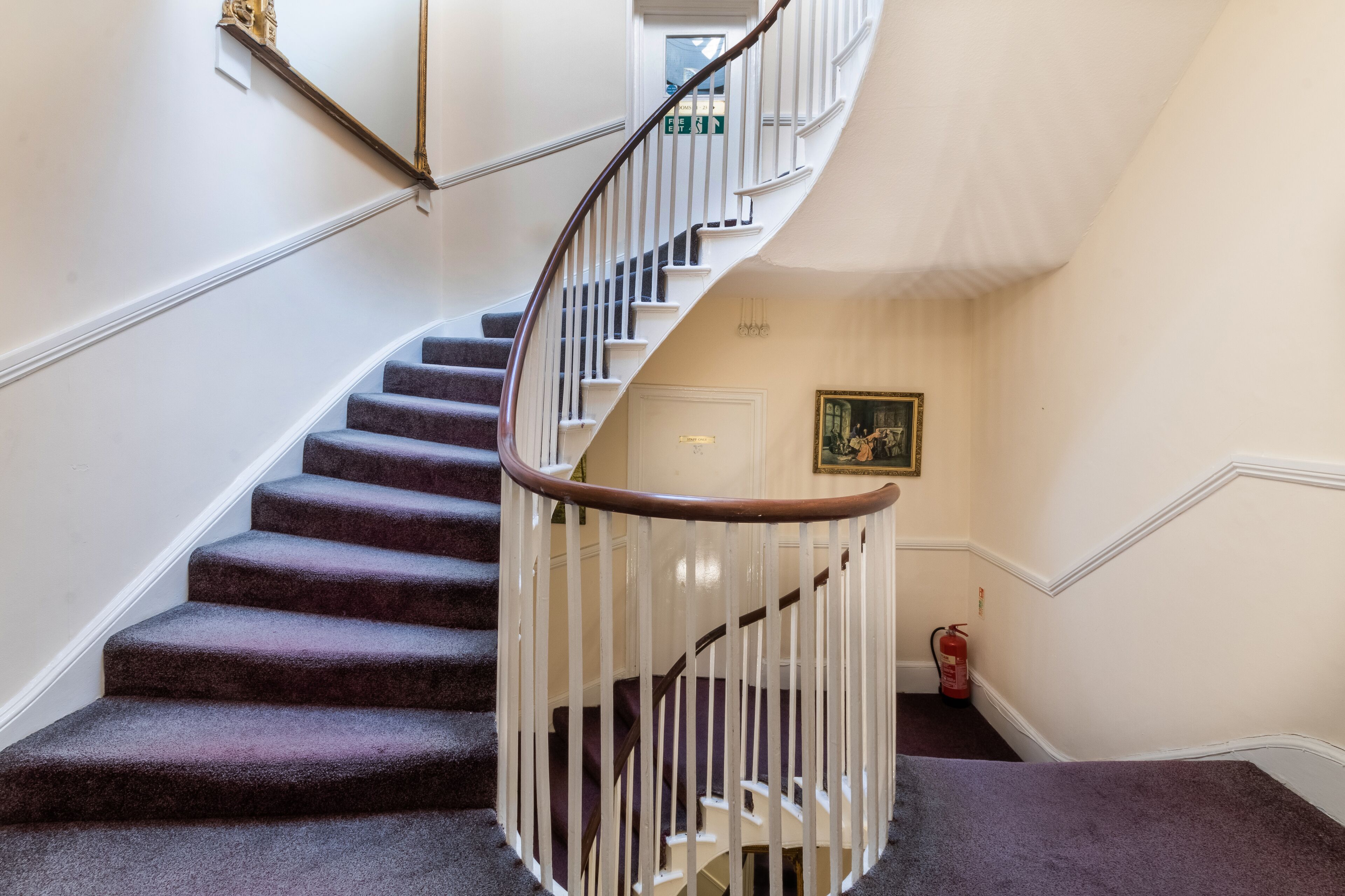 Una escalera en espiral con barandilla blanca y peldaños alfombrados de color morado.