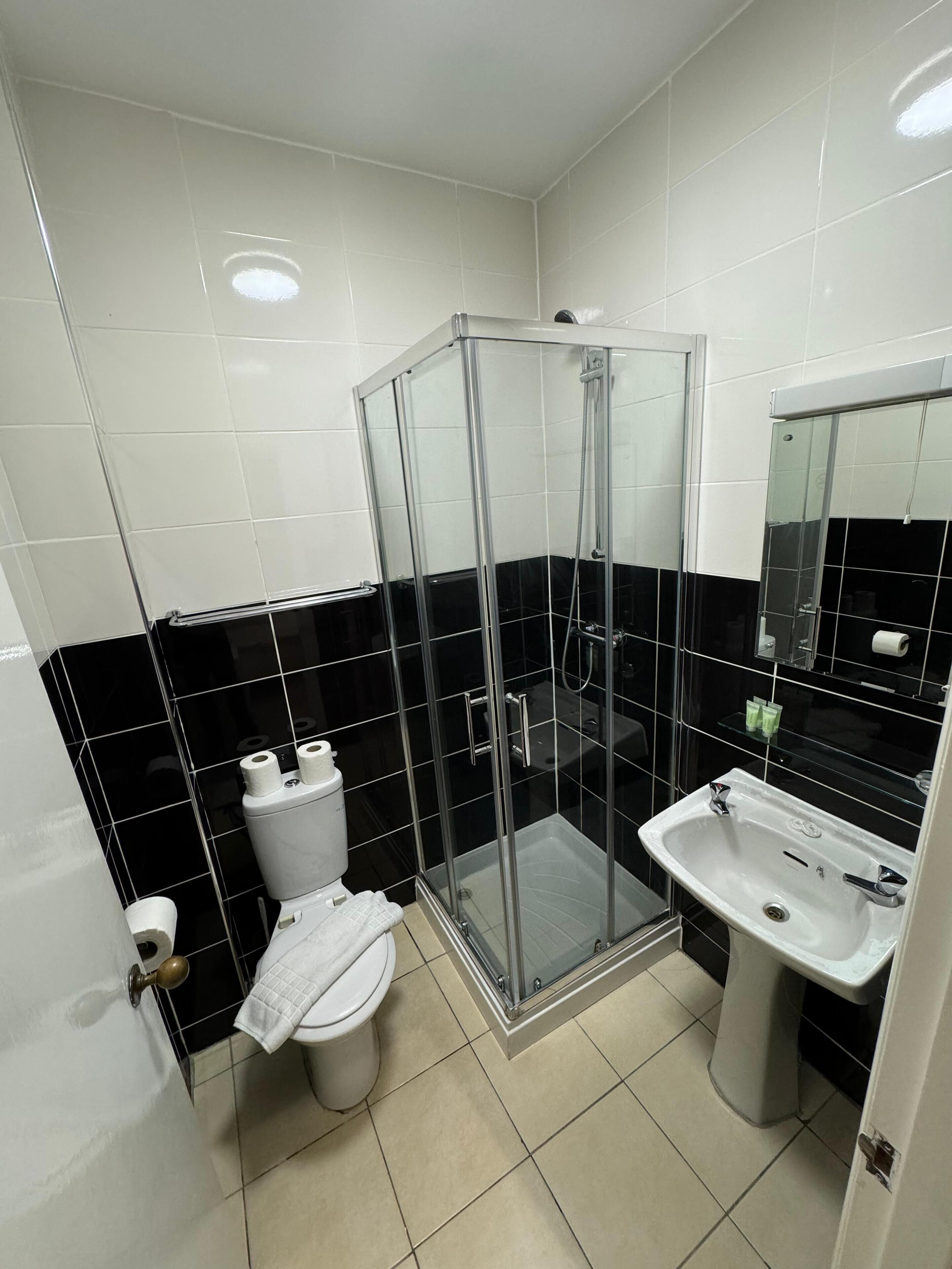 A bathroom with a glass-enclosed shower, a toilet, and a sink.
