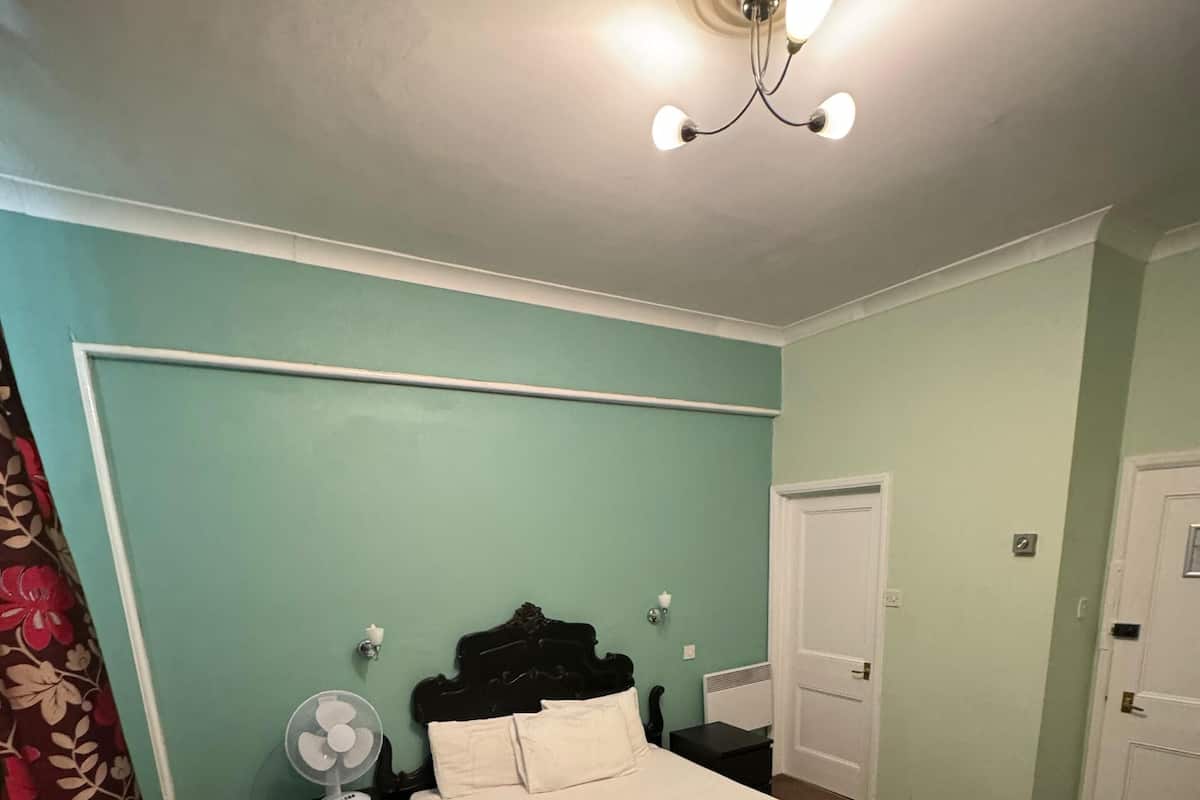 A bedroom with a bed, bedside table, fan, and a door.