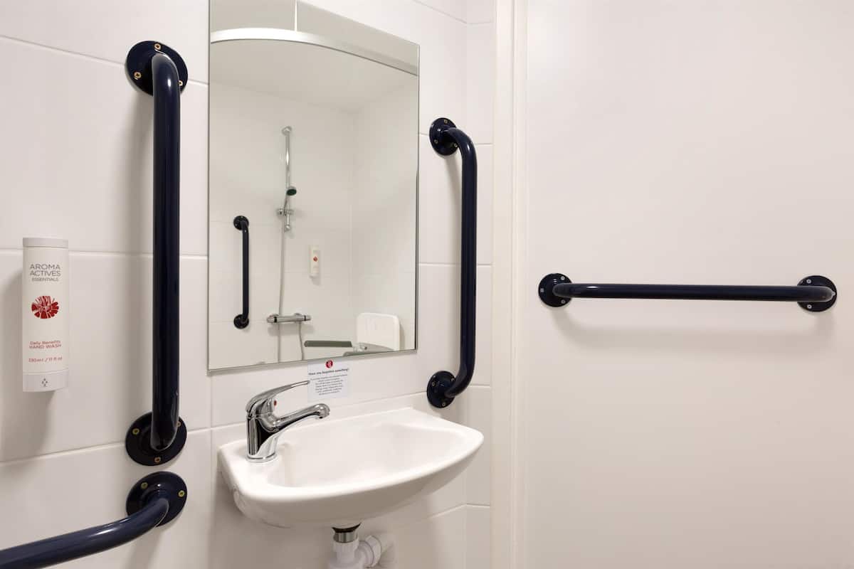 room, 1 single bed, accessible, non smoking (mobility/hearing, roll-in shower) | bathroom | shower, eco-friendly toiletries, hair dryer, towels