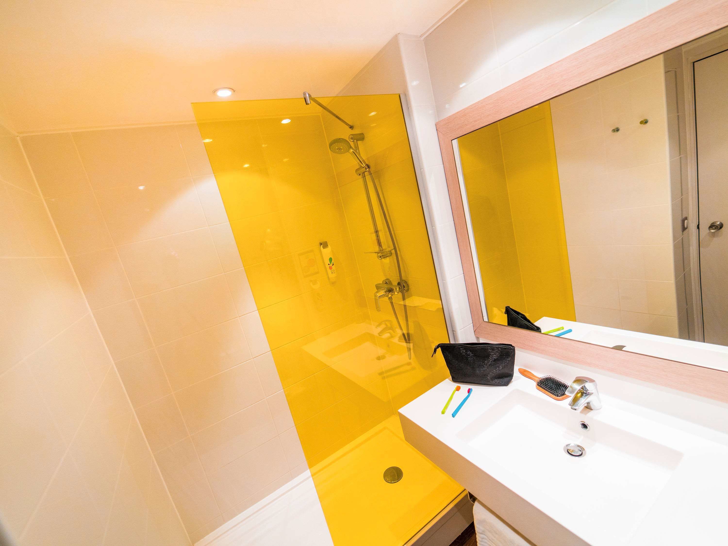 shower, eco-friendly toiletries, hair dryer, towels