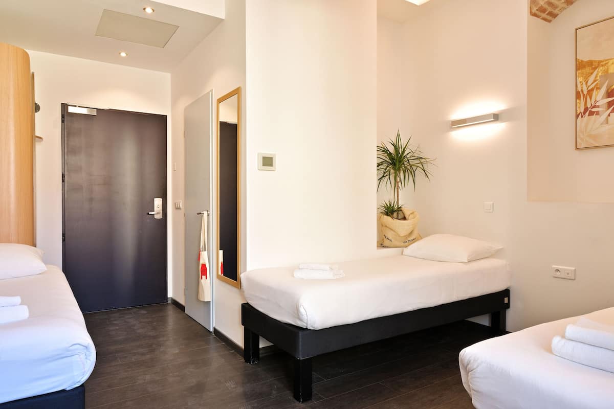 A hotel room with a large bed, a smaller bed, a mirror, a potted plant, and a door.