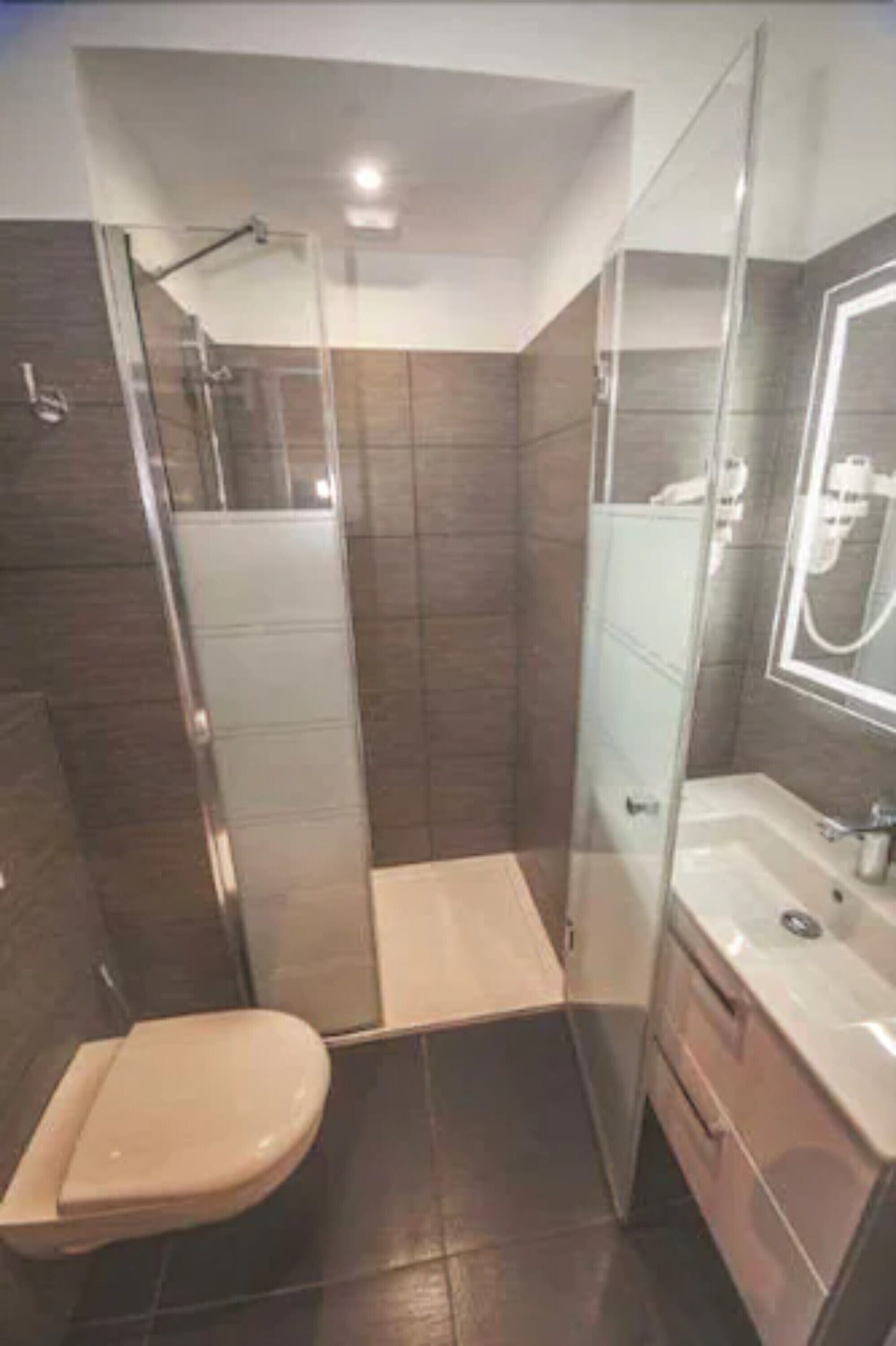 A modern bathroom with a glass shower enclosure, a toilet, and a vanity with a mirror.