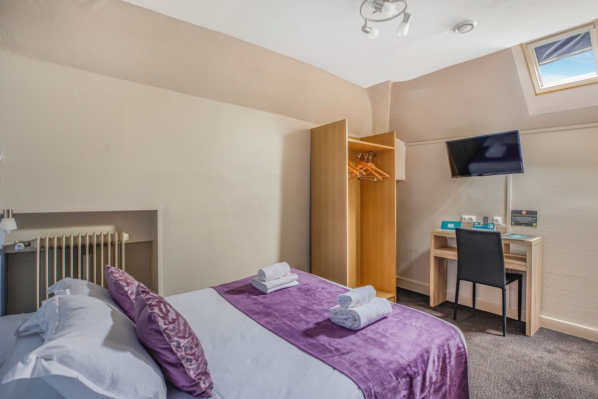 A hotel room with a bed, a desk, a chair, a TV, and a wardrobe.