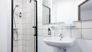 A modern bathroom with a glass shower enclosure, a white sink, and a mirror above it.