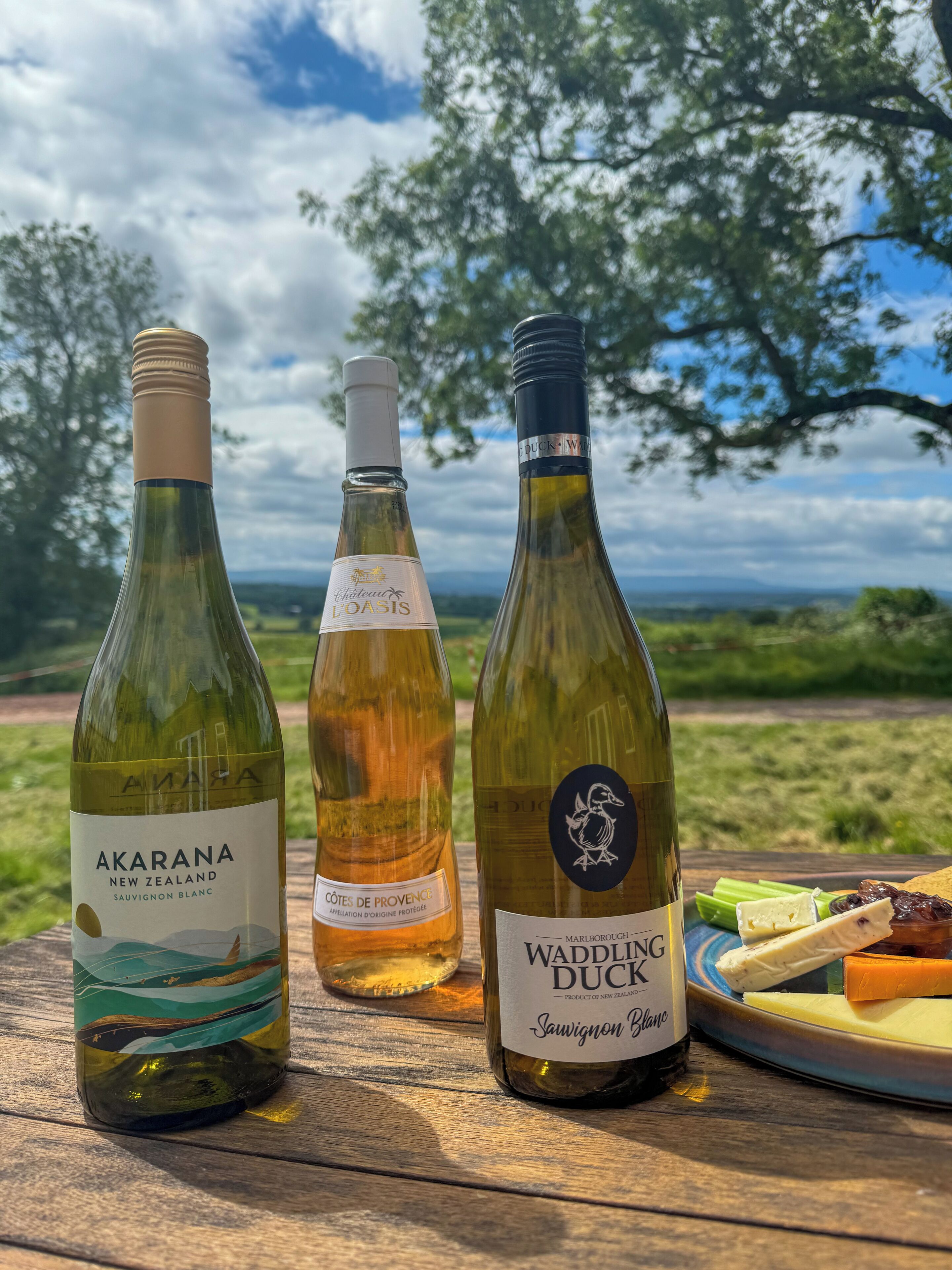Three wine bottles on a wooden table with a scenic view of trees and hills in the background.