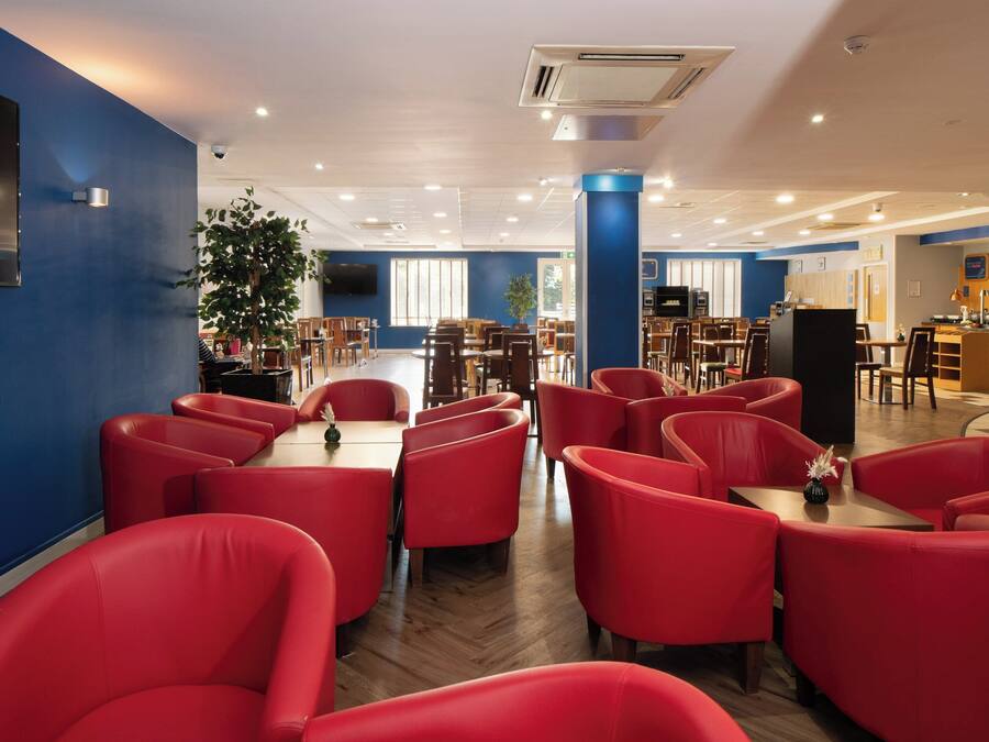 A modern dining area with red chairs, wooden tables, and a large plant.