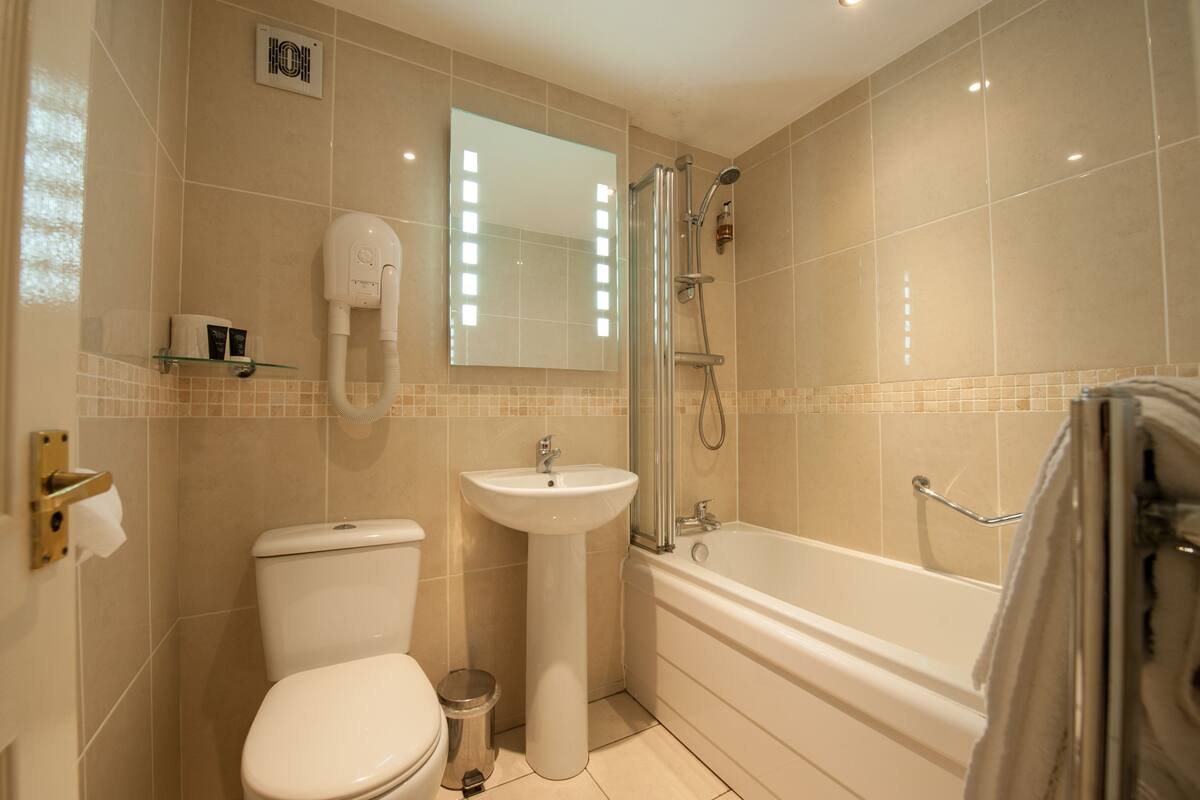combined shower/bathtub, free toiletries, hair dryer, towels