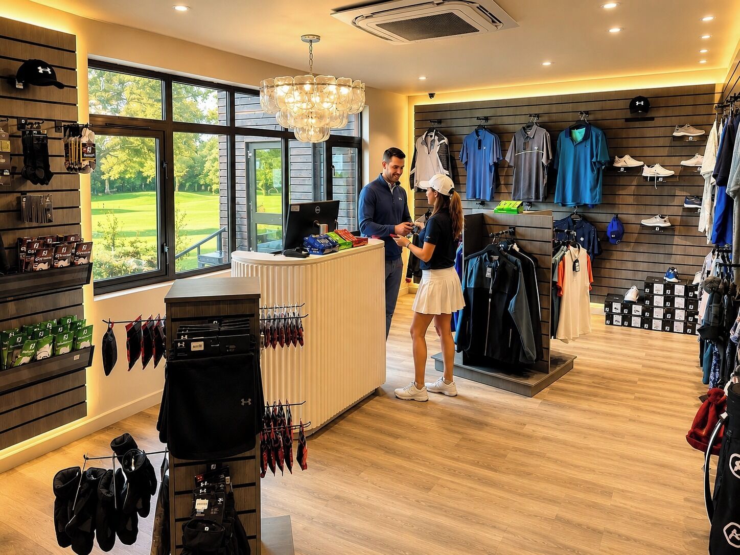 Tienda minorista con mostrador de recepción, percheros de ropa y vistas a un campo de golf a través de amplias ventanas.