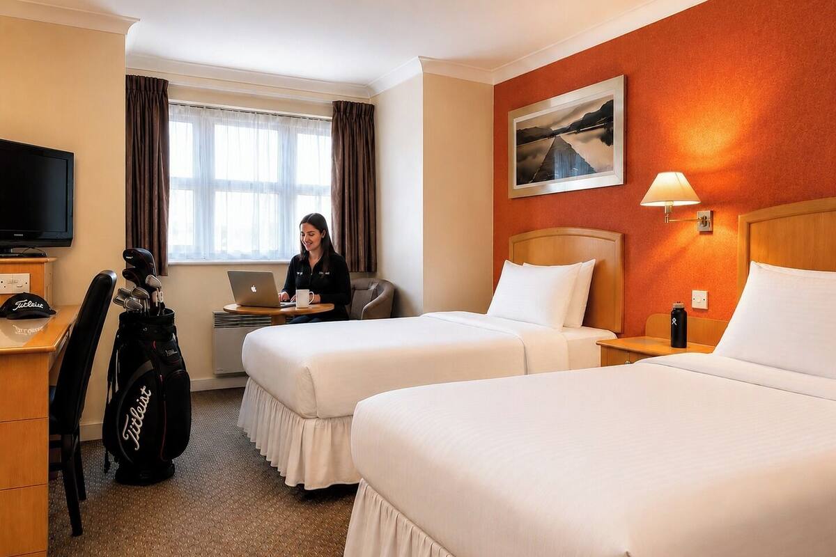 A hotel room with two beds, a desk with a laptop, a TV, and a golf bag.
