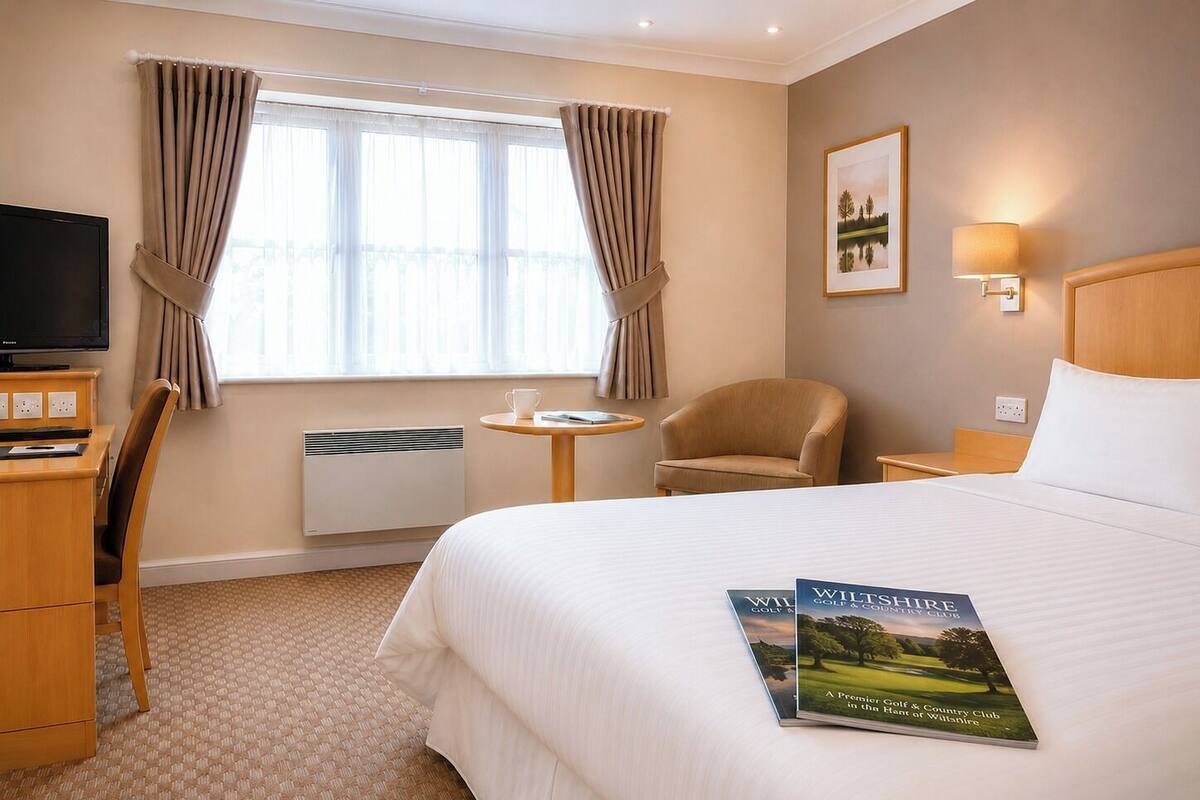 A hotel room with a bed, a desk, a chair, a TV, a small table, a lamp, and a framed picture on the wall.