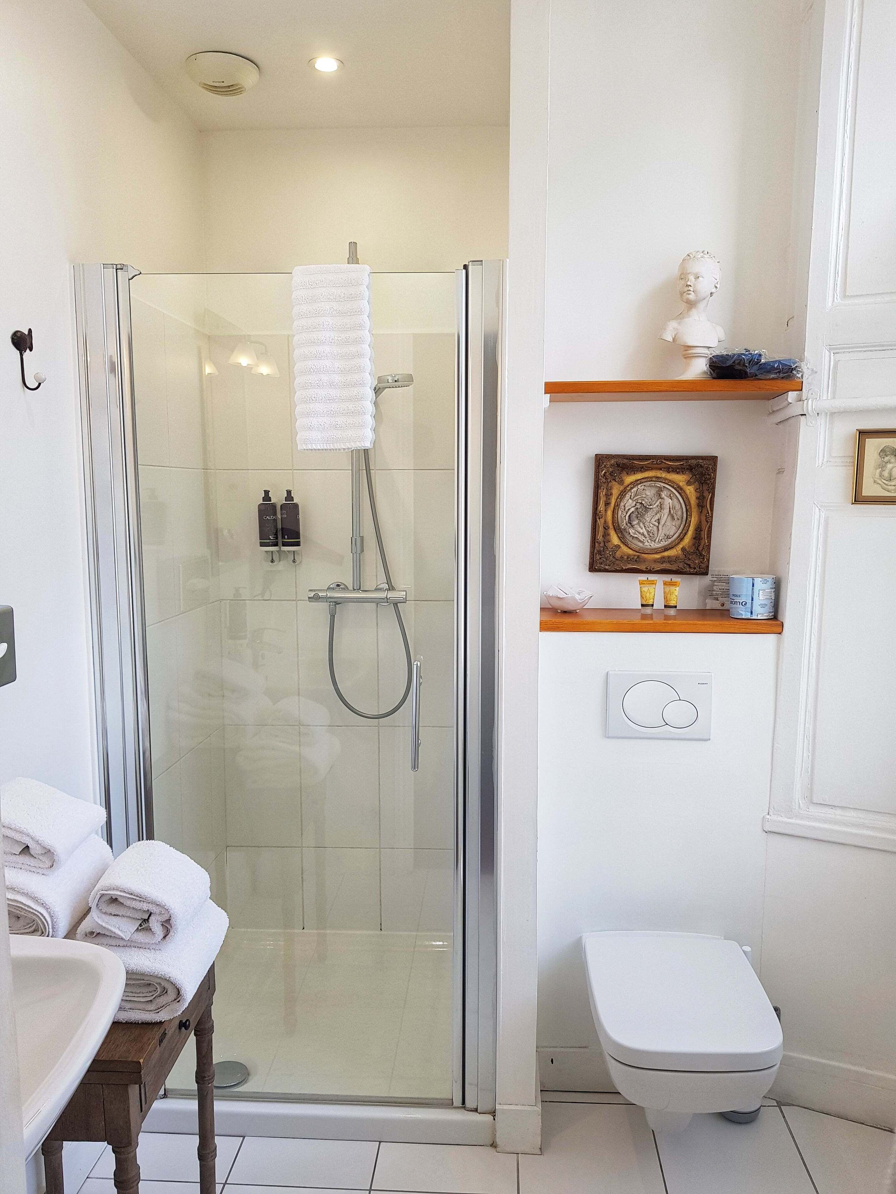 traditional double room | bathroom | shower, designer toiletries, hair dryer, bathrobes