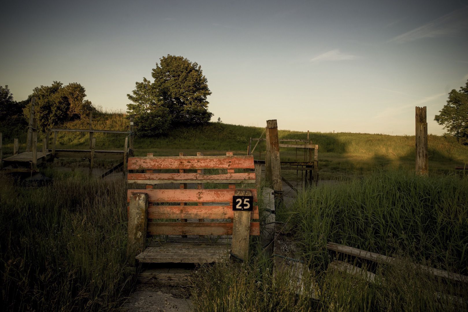 A rustic wooden gate with a number '25' sign, surrounded by tall grass and trees in a natural setting.