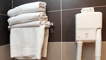 Shower, free toiletries, hair dryer, towels