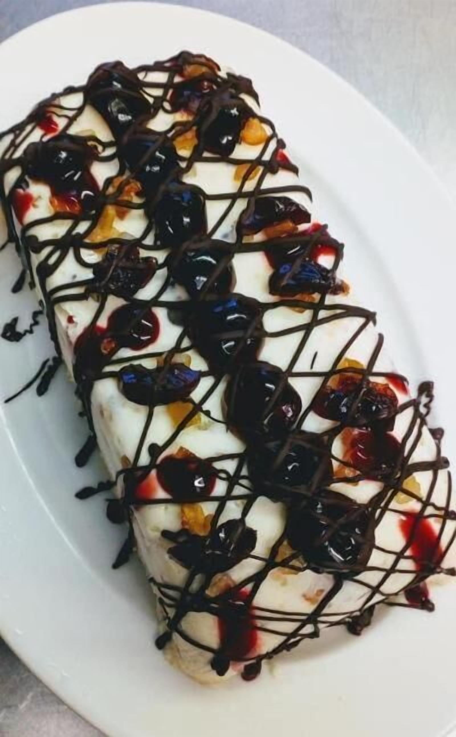 A dessert on a white plate.
