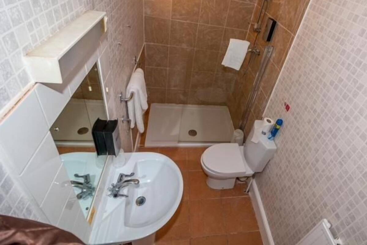 Une petite salle de bain avec un lavabo, des toilettes et une douche.