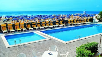 Piscina stagionale all'aperto, ombrelloni da piscina, lettini