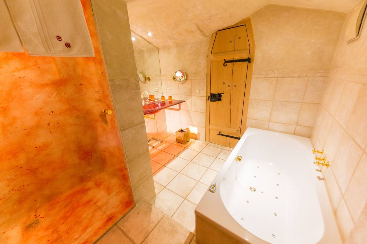 deluxe double room | bathroom | shower, free toiletries, hair dryer, towels