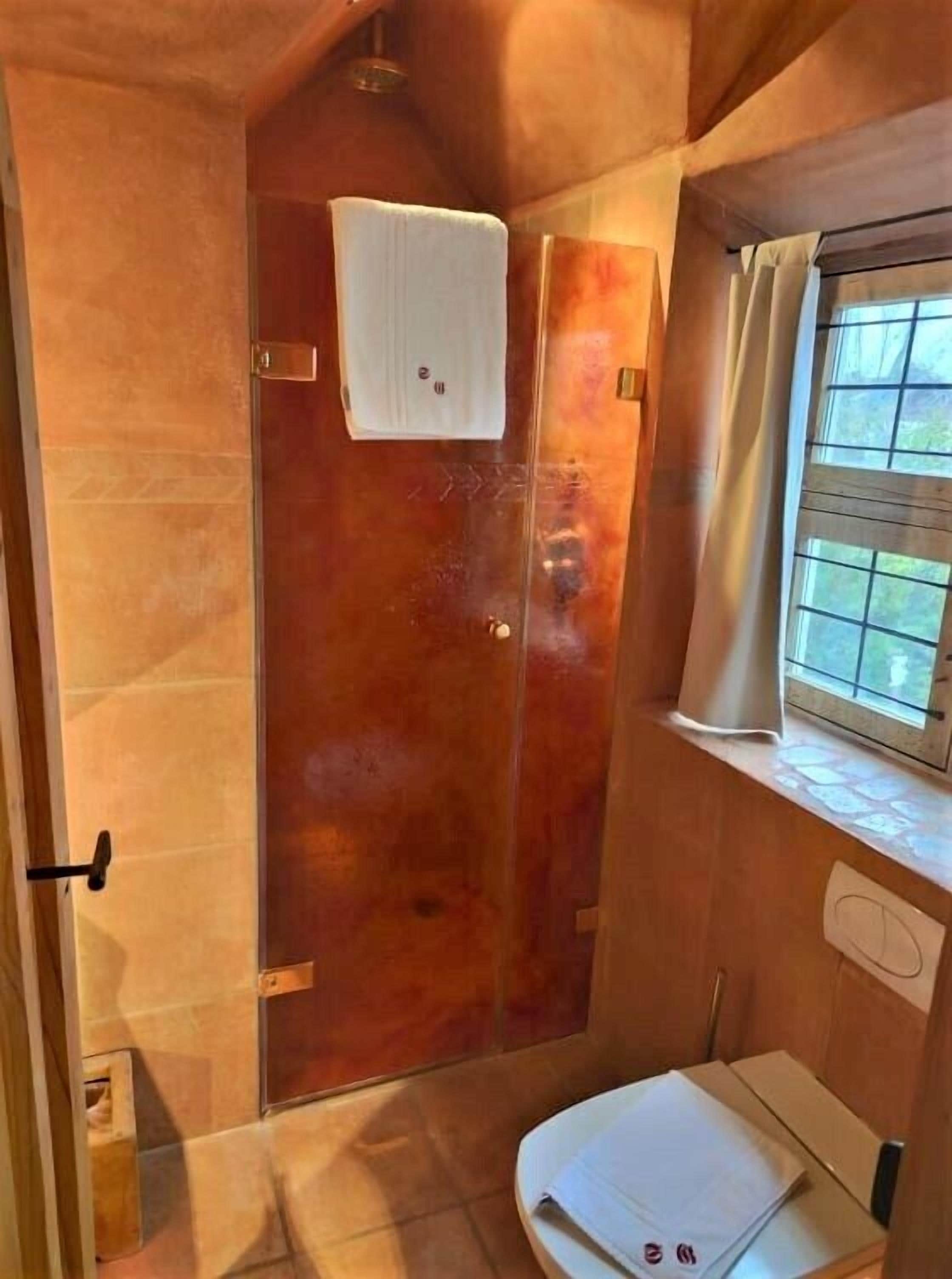 deluxe single room | bathroom | shower, free toiletries, hair dryer, towels