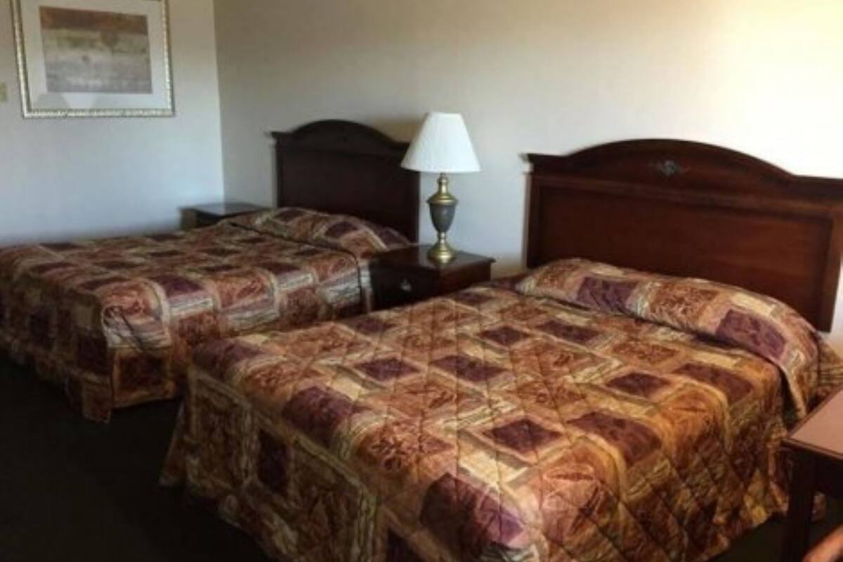 Ein Hotelzimmer mit zwei Einzelbetten, beide mit gemusterten Bettdecken. Dazwischen befindet sich ein Nachttisch mit einer Lampe.