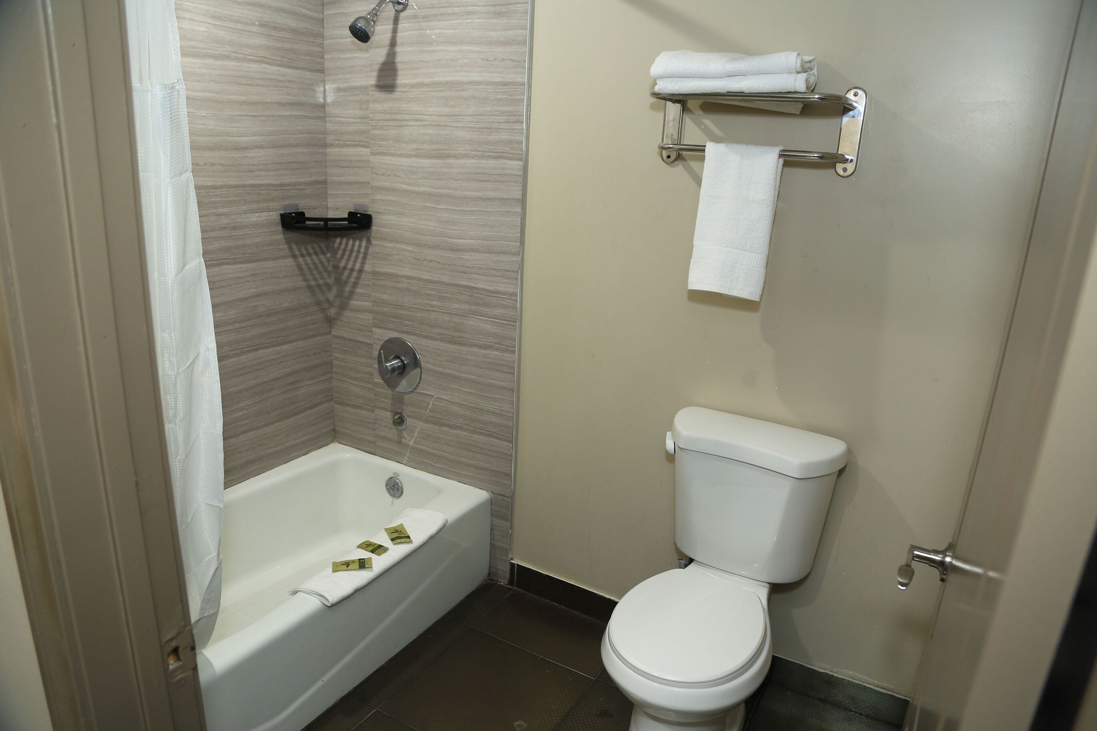 Une salle de bain avec une baignoire, des toilettes et un porte-serviettes.