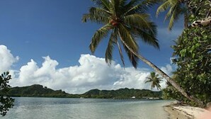 Une plage bordée d’une eau turquoise et limpide, de palmiers et, au loin, d’une chaîne de montagnes.