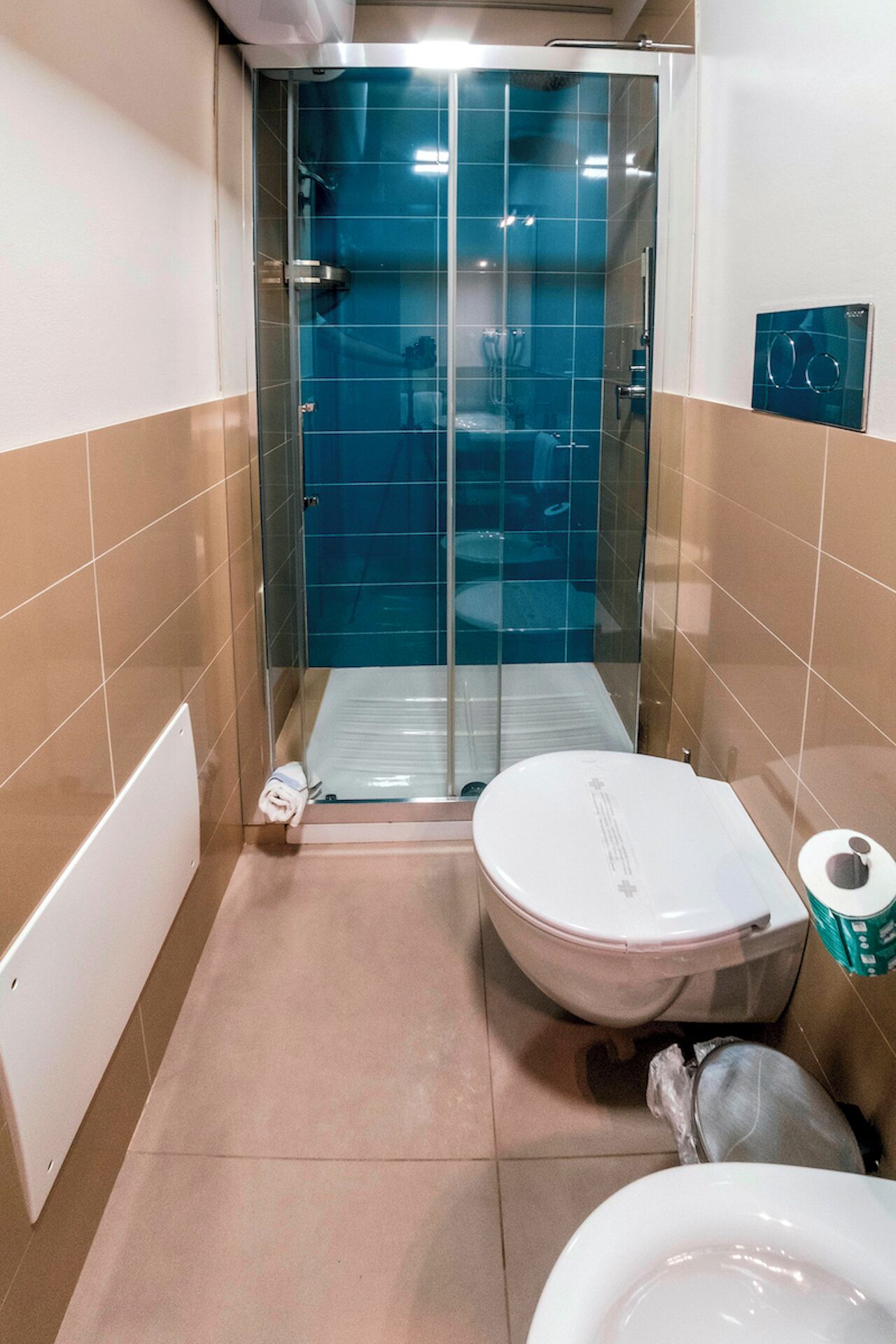 Ein Badezimmer mit Duschkabine, Toilette und Bidet.
