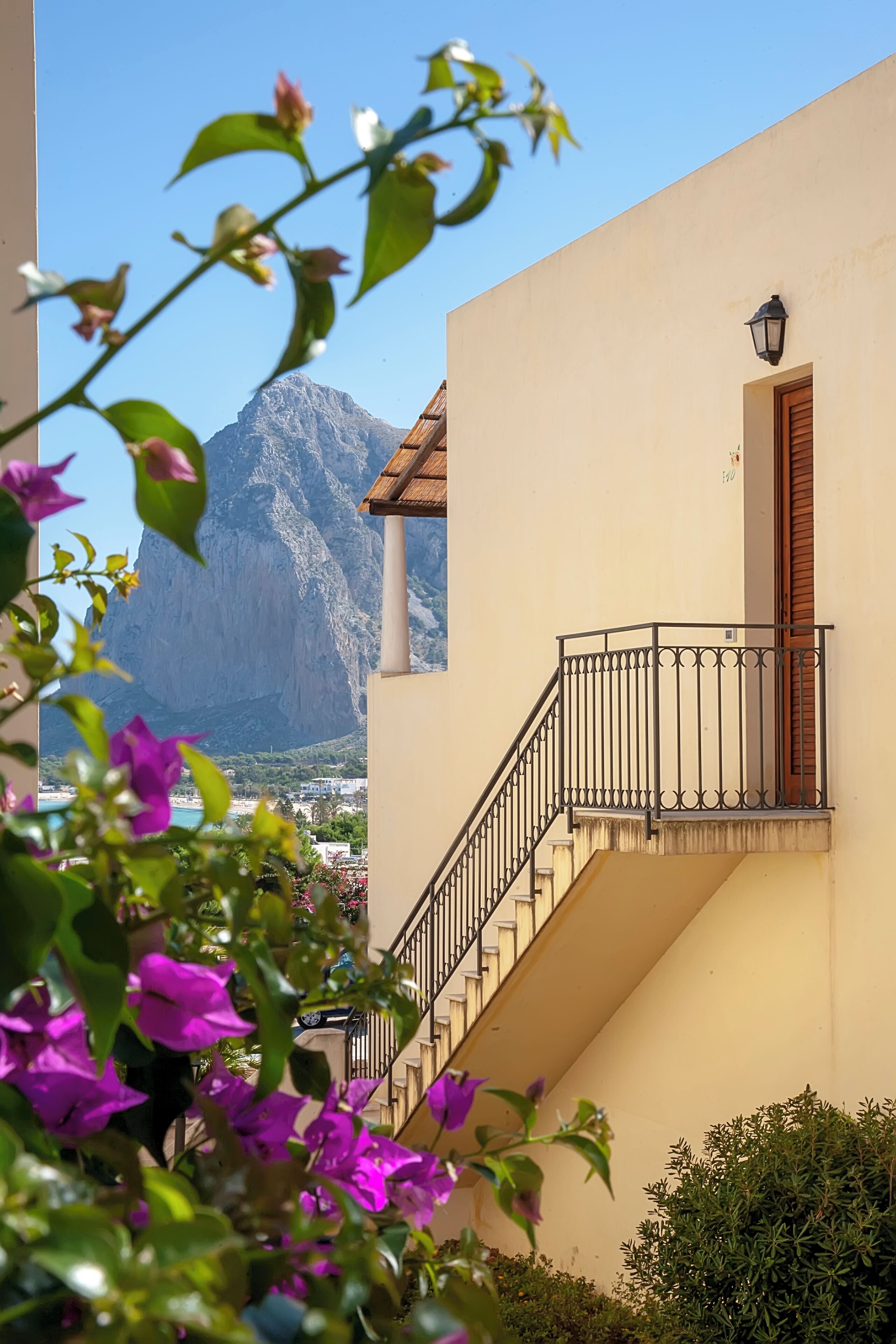A building with a staircase leading to a balcony, a mountain in the background, and purple flowers in the foreground.