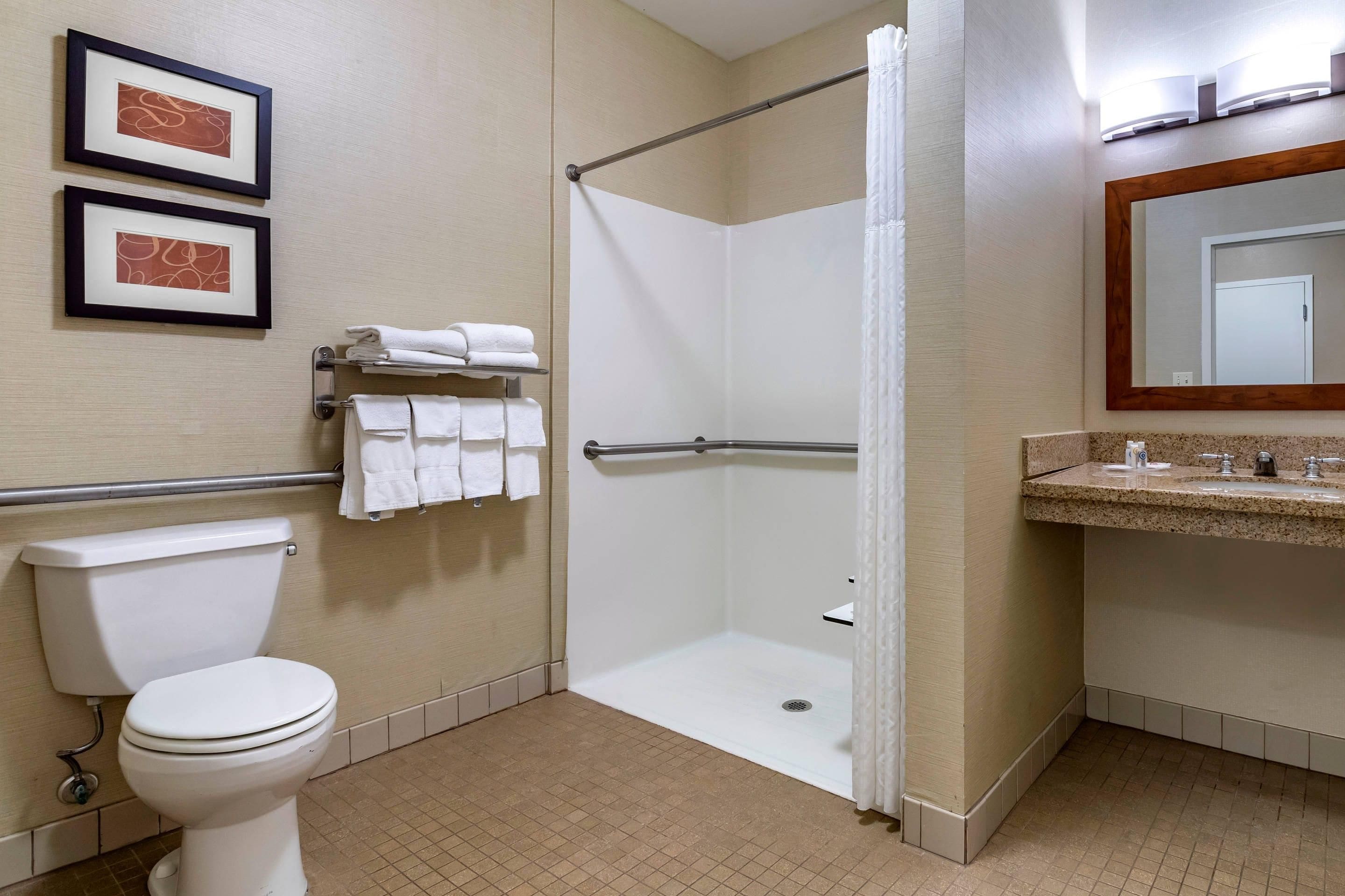 A hotel bathroom with a toilet, a shower stall, a towel rack with towels, a sink with a mirror, and two framed pictures on the wall.