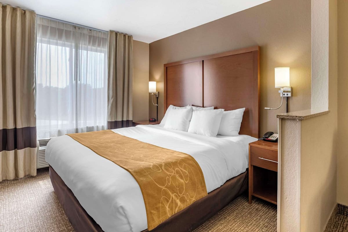 Una habitación de hotel con una cama grande, una mesita de noche con lámpara y un teléfono.