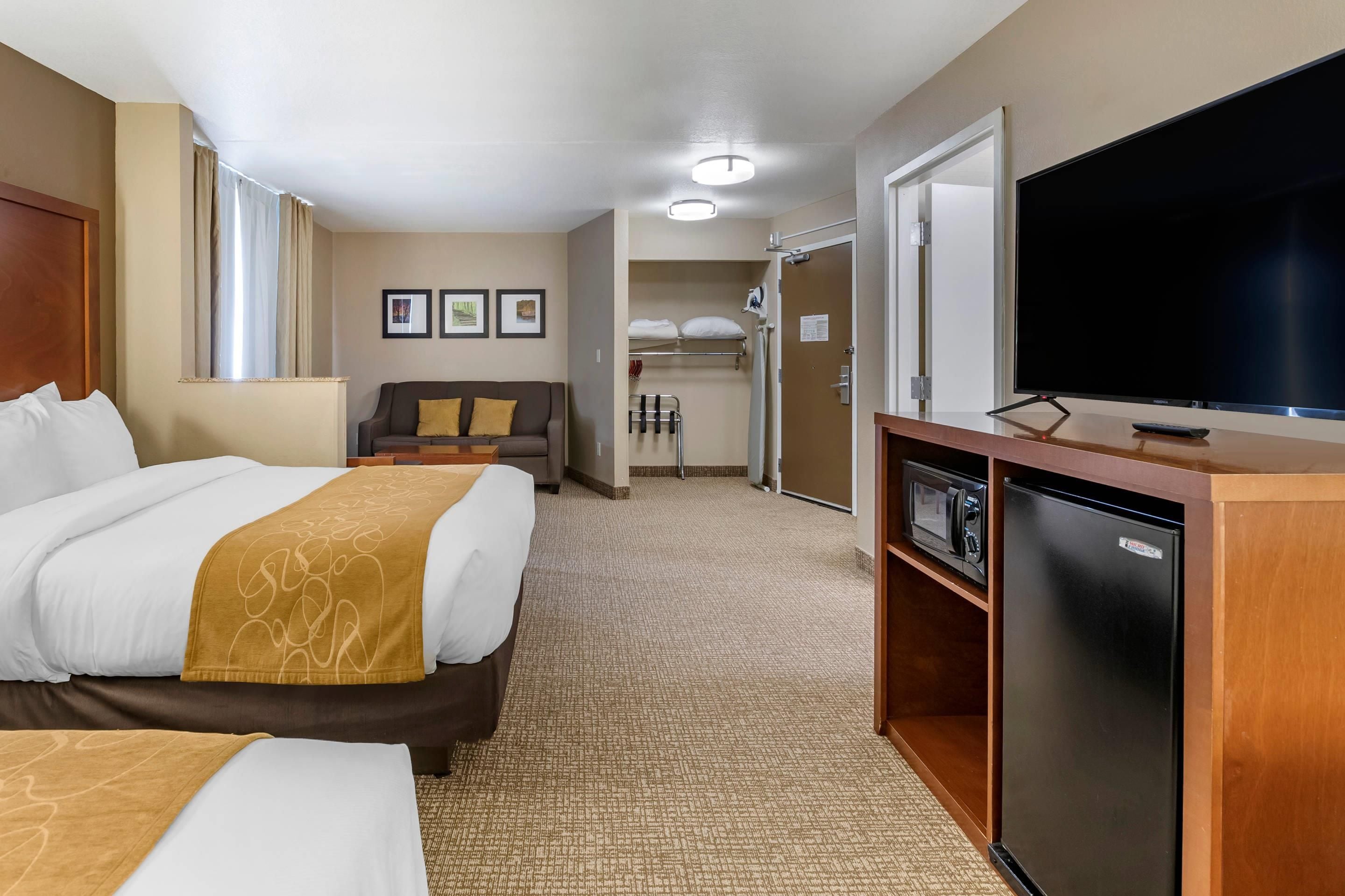 Una habitación de hotel con una cama, un sofá, un televisor, un refrigerador y un microondas.